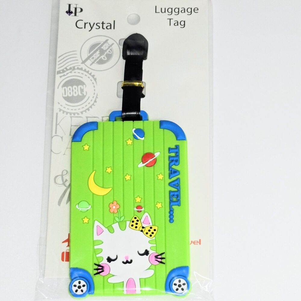 LUGGAGE TAG BAG LABEL Suitcase Design Green, 3D Cat & Stars/Planets Graphic NEW